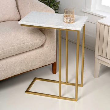 Caius 24.25" Designer Industrial Metal C-Shaped End Table and Side Couch Table with White Marble Top